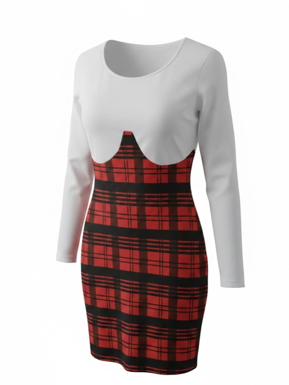 Red Plaid Bodycon Dress White Long Sleeve Fitted Mini Dress Size Large